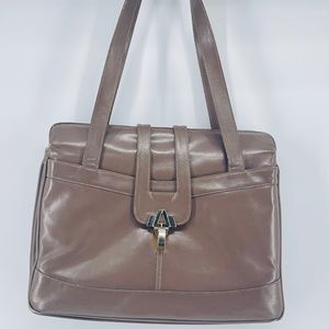 Lou Taylor Leather Brown MCM Classic Handbag Purse Built in Swivel Mirror VTG